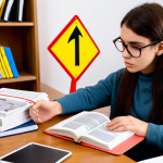 **Driving Theory Study Session**: An individual studying traffic rules with a textbook and flashcards, surrounded by various road signs, in a cozy study space. The atmosphere conveys focus and determination.