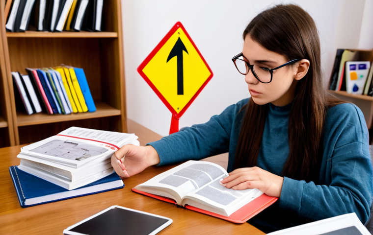 **Driving Theory Study Session**: An individual studying traffic rules with a textbook and flashcards, surrounded by various road signs, in a cozy study space. The atmosphere conveys focus and determination.