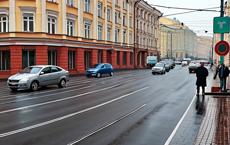 **
A busy intersection in Russia with various cars and pedestrians. The focus should be on the complexity of the situation and potential hazards. Include elements like road signs in Cyrillic, maybe some typical Russian architecture in the background. The weather can be slightly overcast to emphasize the need for caution.
**