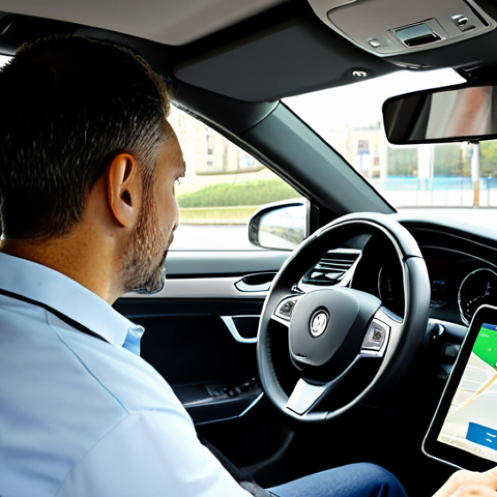 A calm, professional male driver, fully clothed in a modest, professional polo shirt, sitting inside a modern, clean car. He is holding a tablet or smartphone, looking at a digital notification on the screen, which implies a traffic fine from a speed camera. His expression is neutral and composed. The interior of the car is neat and contemporary. Through the windshield, a clear view of a typical urban road is visible, with a modern traffic speed camera subtly positioned in the background, observing the flow of vehicles. Professional photography, high quality, realistic rendering, perfect anatomy, correct proportions, natural pose, well-formed hands, proper finger count, natural body proportions, safe for work, appropriate content, fully clothed, professional, family-friendly.
