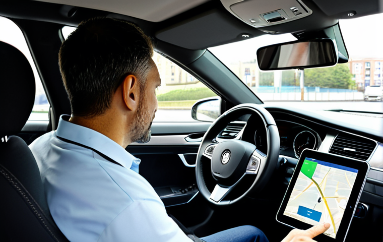A calm, professional male driver, fully clothed in a modest, professional polo shirt, sitting inside a modern, clean car. He is holding a tablet or smartphone, looking at a digital notification on the screen, which implies a traffic fine from a speed camera. His expression is neutral and composed. The interior of the car is neat and contemporary. Through the windshield, a clear view of a typical urban road is visible, with a modern traffic speed camera subtly positioned in the background, observing the flow of vehicles. Professional photography, high quality, realistic rendering, perfect anatomy, correct proportions, natural pose, well-formed hands, proper finger count, natural body proportions, safe for work, appropriate content, fully clothed, professional, family-friendly.