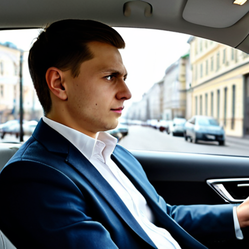 A focused young adult, fully clothed in a modest, appropriate jacket and shirt, sitting in the driver's seat of a modern white training car. The car is on a wide, well-maintained street in a bustling Russian city, during daytime. Blurred background showing realistic urban traffic and city buildings. A professional driving instructor, also fully clothed in appropriate attire, is calmly observing from the passenger seat. The atmosphere conveys concentration and realism. Perfect anatomy, correct proportions, natural pose, well-formed hands, proper finger count, natural body proportions, professional photography, high quality, safe for work, appropriate content, fully clothed, professional, family-friendly.