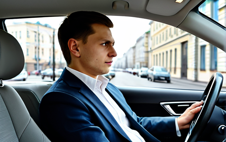 A focused young adult, fully clothed in a modest, appropriate jacket and shirt, sitting in the driver's seat of a modern white training car. The car is on a wide, well-maintained street in a bustling Russian city, during daytime. Blurred background showing realistic urban traffic and city buildings. A professional driving instructor, also fully clothed in appropriate attire, is calmly observing from the passenger seat. The atmosphere conveys concentration and realism. Perfect anatomy, correct proportions, natural pose, well-formed hands, proper finger count, natural body proportions, professional photography, high quality, safe for work, appropriate content, fully clothed, professional, family-friendly.