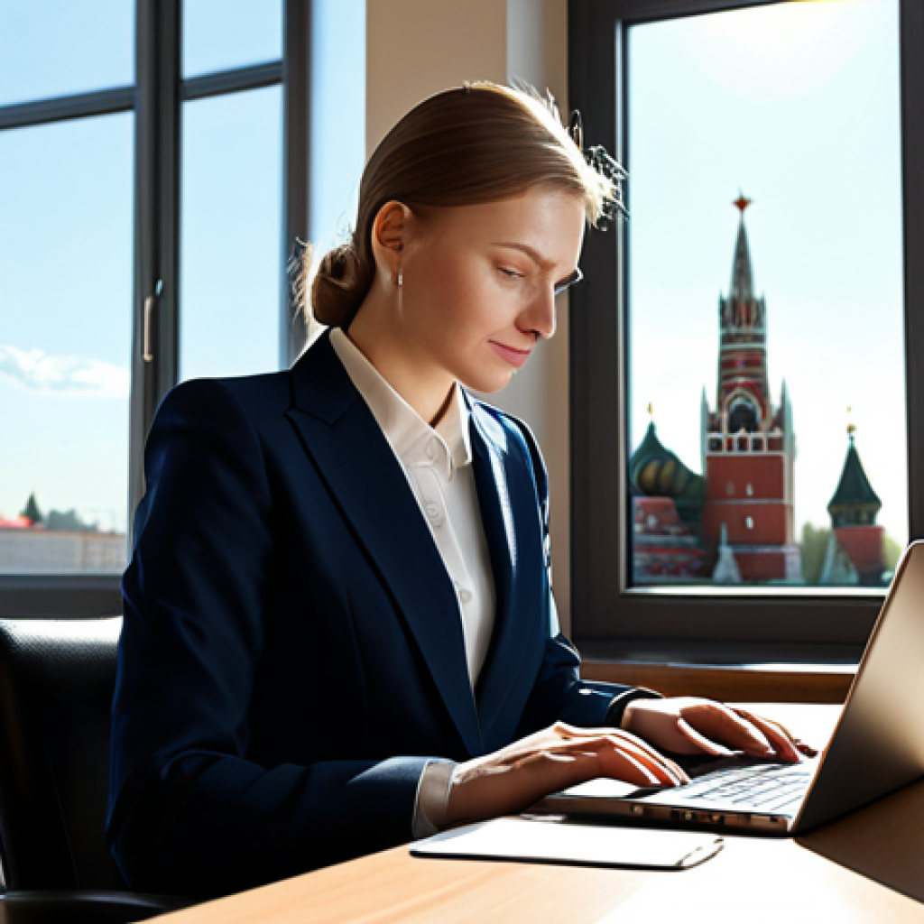 **
A successful Moscow businesswoman in a stylish, fully clothed business suit, working on a laptop in a modern, sunlit office overlooking the Kremlin. Appropriate attire, professional setting, safe for work, perfect anatomy, correct proportions, well-formed hands, natural lighting, high-resolution, professional photography, family-friendly.
**