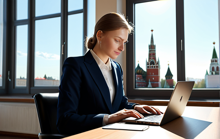 **
A successful Moscow businesswoman in a stylish, fully clothed business suit, working on a laptop in a modern, sunlit office overlooking the Kremlin. Appropriate attire, professional setting, safe for work, perfect anatomy, correct proportions, well-formed hands, natural lighting, high-resolution, professional photography, family-friendly.
**