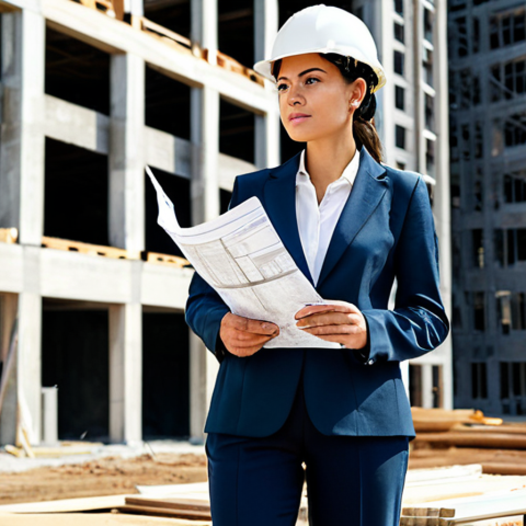 **
A confident female architect in a fully clothed, stylish business casual outfit (dress pants, blouse, blazer) stands on a construction site, holding a blueprint. Background shows a modern building under construction during the daytime. Perfect anatomy, correct proportions, well-formed hands, natural pose. Professional photography, high quality, safe for work, appropriate content, fully clothed, professional.
**