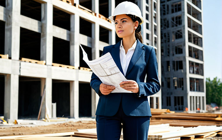 **
A confident female architect in a fully clothed, stylish business casual outfit (dress pants, blouse, blazer) stands on a construction site, holding a blueprint. Background shows a modern building under construction during the daytime. Perfect anatomy, correct proportions, well-formed hands, natural pose. Professional photography, high quality, safe for work, appropriate content, fully clothed, professional.
**