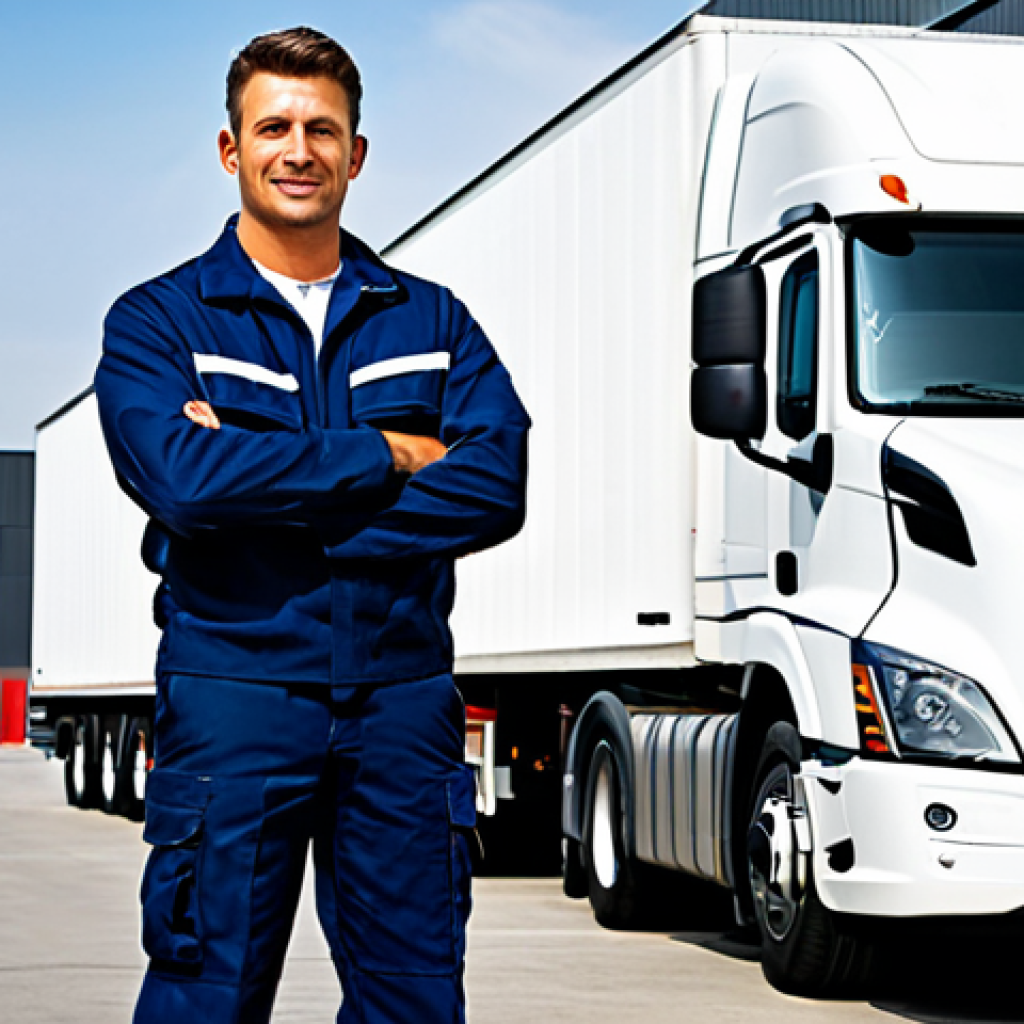 도로교통사 자격증 취득 후 성공 사례 - A professional truck driver in a fully clothed uniform, standing next to a modern semi-truck in a lo...