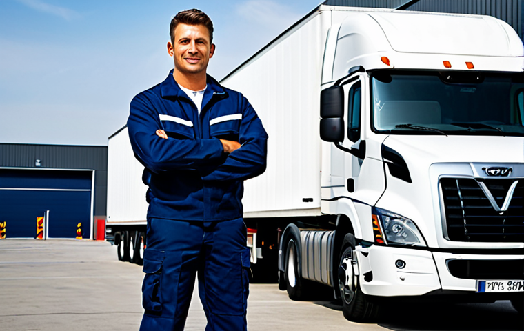 도로교통사 자격증 취득 후 성공 사례 - A professional truck driver in a fully clothed uniform, standing next to a modern semi-truck in a lo...