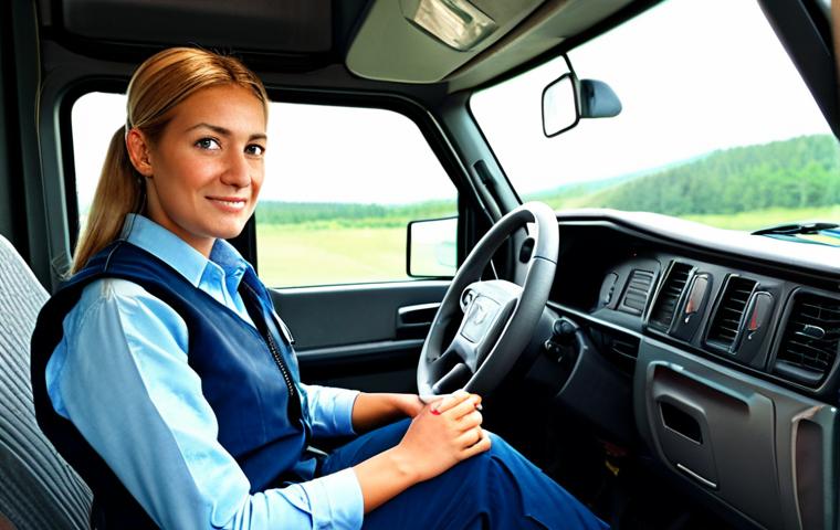 도로교통사 자격증 취득 후 성공 사례 - A professional truck driver in a fully clothed uniform, standing next to a modern semi-truck in a lo...