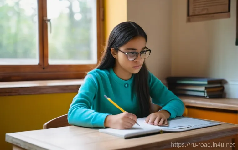 도로교통사 시험 준비 생존기 - **Image Prompt 1: Theoretical Exam Preparation**
"A diligent young woman in her late teens, dres...