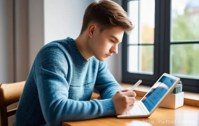 도로교통사 필기시험 대비 전략과 팁 - A young Russian student, approximately 20 years old, male or female, sits comfortably at a wooden de...