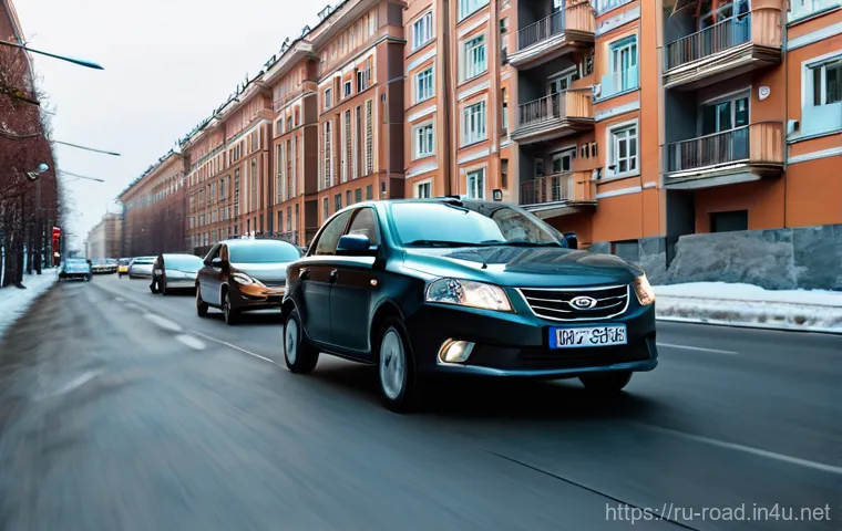 도로교통사 실무에서의 윤리적 딜레마 - **Image Prompt:** A busy, but orderly, multi-lane street in a modern Russian city during late aftern...