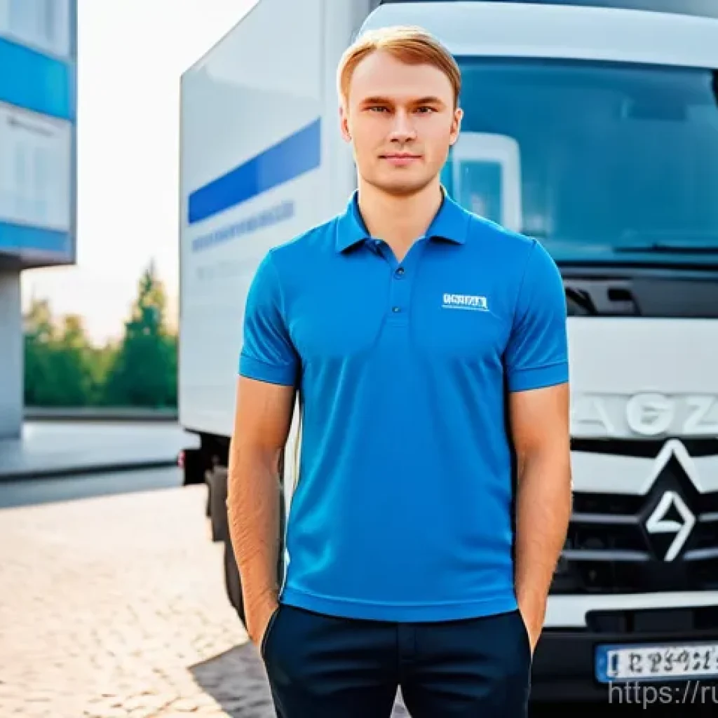 도로교통사 자격증 취득 후의 성장 가능성 - A confident young Russian man, in his late 20s, with a determined yet optimistic expression, standin...