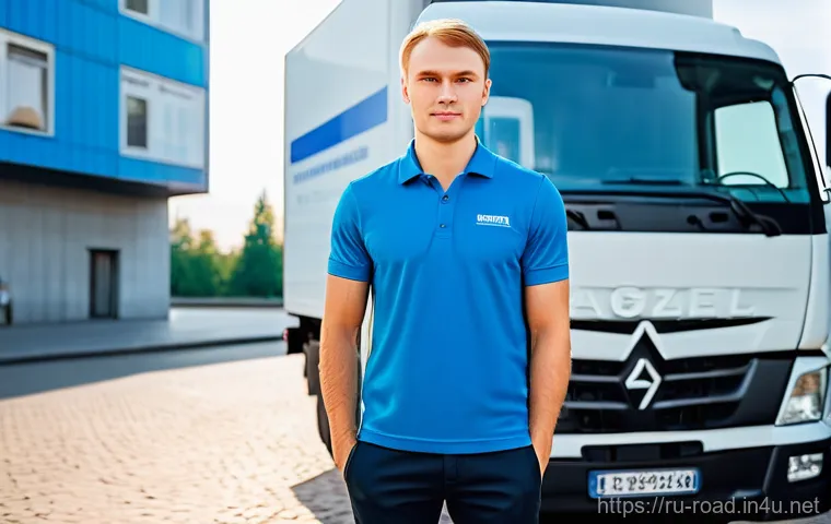 도로교통사 자격증 취득 후의 성장 가능성 - A confident young Russian man, in his late 20s, with a determined yet optimistic expression, standin...