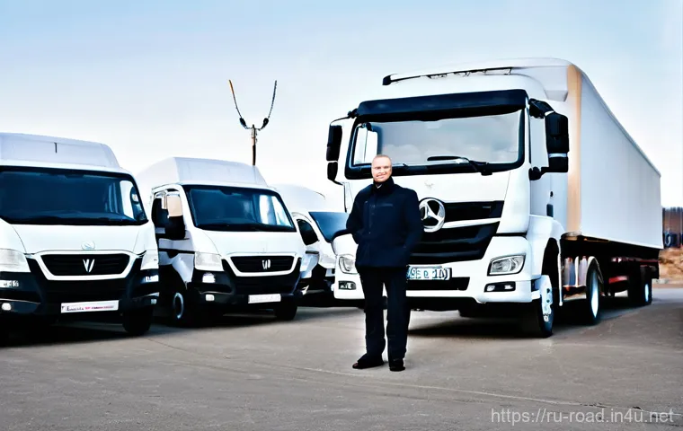 도로교통사 자격증 취득 후의 성장 가능성 - A professional Russian long-haul truck driver, a man in his 40s with a calm, experienced, and conten...