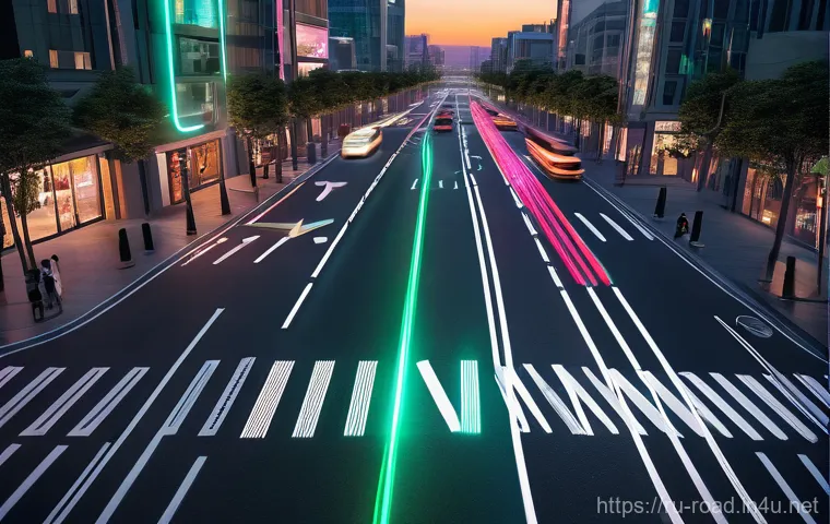 도로교통사 실무에서 활용 가능한 기술 - **AI-Powered Urban Harmony:** "A futuristic city intersection at dusk, showcasing sleek, intelligent...