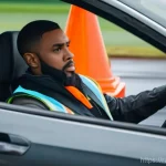 도로교통사 실습 과정 리뷰 - **Prompt:** A dynamic, realistic, medium-shot image capturing a focused male driver in a modern seda...