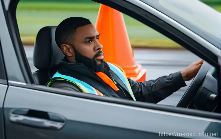 도로교통사 실습 과정 리뷰 - **Prompt:** A dynamic, realistic, medium-shot image capturing a focused male driver in a modern seda...