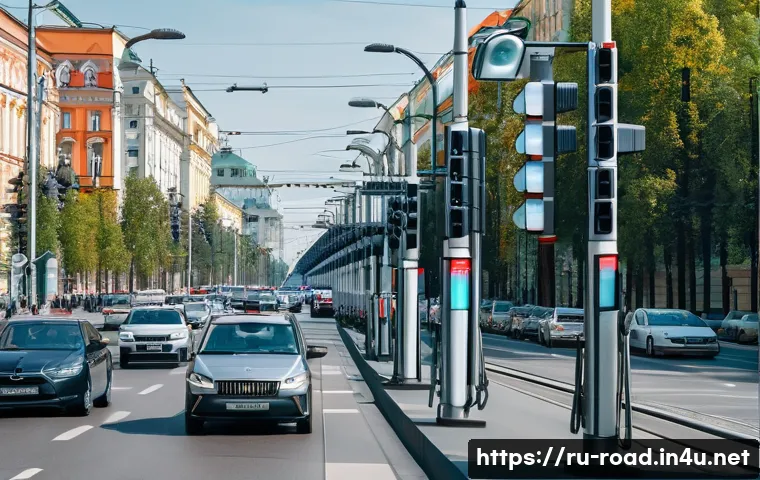 도로교통사와 관련된 최신 정책 - A busy Russian city street scene featuring multiple automated traffic enforcement cameras mounted on...