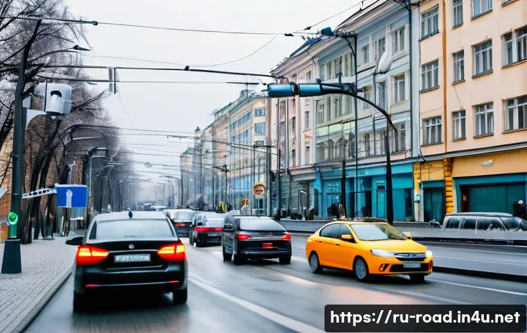 도로교통사와 관련된 국내외 사례 - A busy urban street in a Russian city featuring modern automated speed control cameras mounted on po...