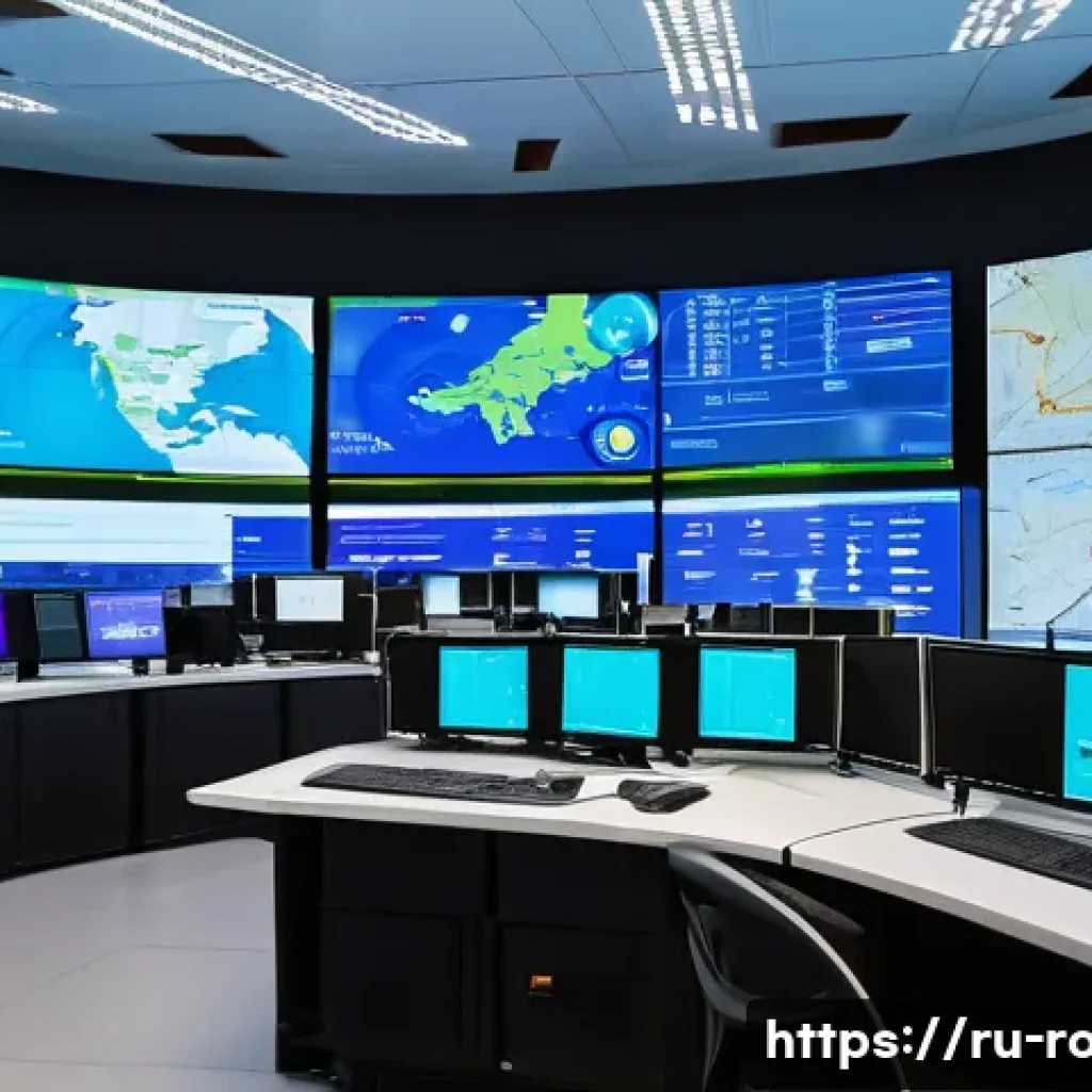 도로교통사 경력 개발을 위한 팁 - A modern traffic control center in a Russian city, featuring large digital screens displaying real-t...