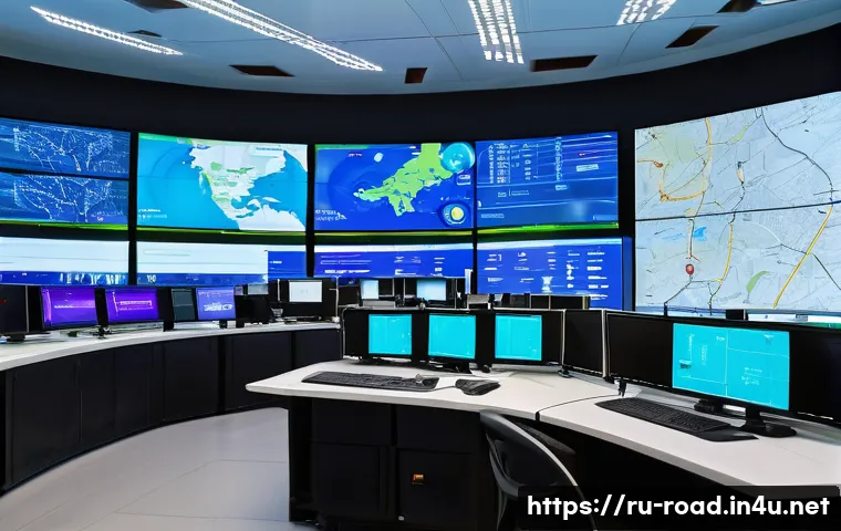 도로교통사 경력 개발을 위한 팁 - A modern traffic control center in a Russian city, featuring large digital screens displaying real-t...