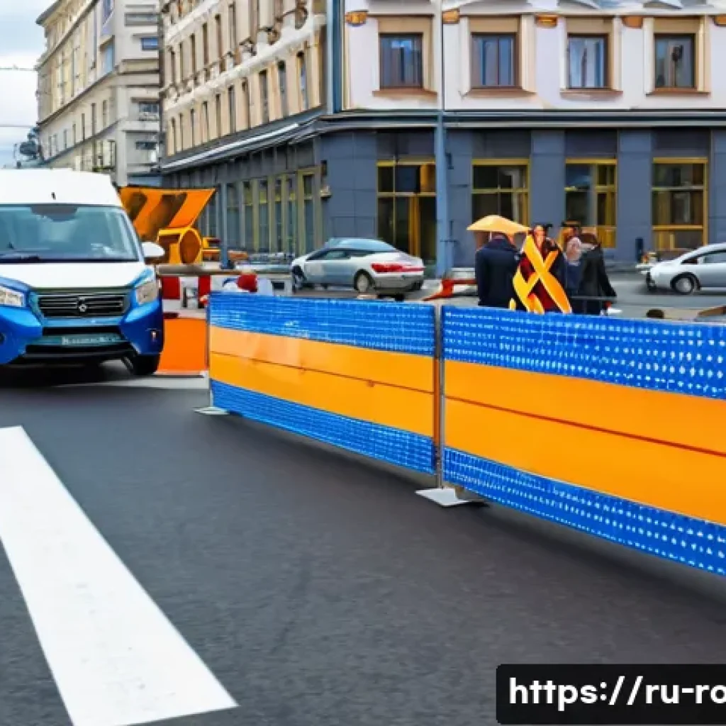 도로교통사 실무 팁 및 사례 공유 - A busy urban intersection in a Russian city during daytime, showing clear temporary road signs and b...