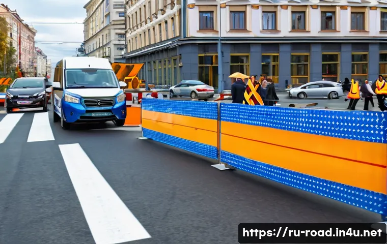 도로교통사 실무 팁 및 사례 공유 - A busy urban intersection in a Russian city during daytime, showing clear temporary road signs and b...