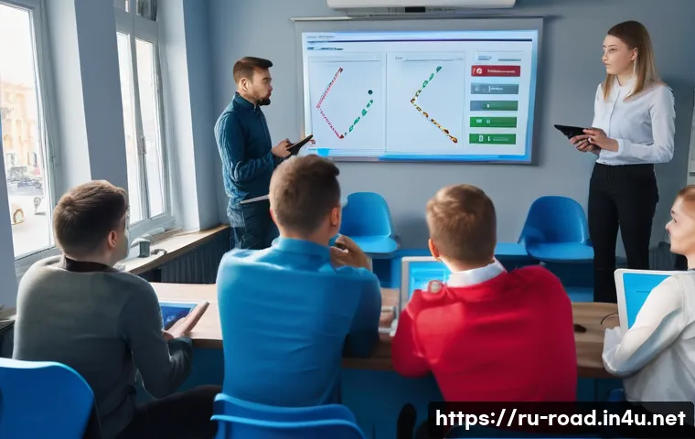 도로교통사 시험의 최신 합격자 통계 - A modern Russian driving school classroom scene with diverse young adult students attentively studyi...