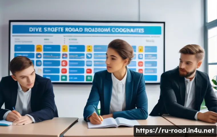 도로교통사 시험에서 주의해야 할 점 - A detailed scene showing a diverse group of Russian driving exam candidates in a modern classroom se...