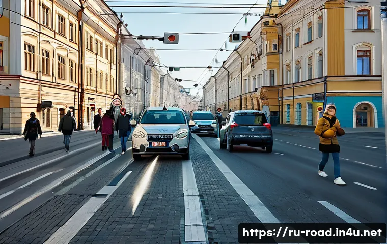 도로교통사 필기시험 기출문제 풀이 - A detailed street scene in a Russian city during daytime, showing a variety of road signs including ...
