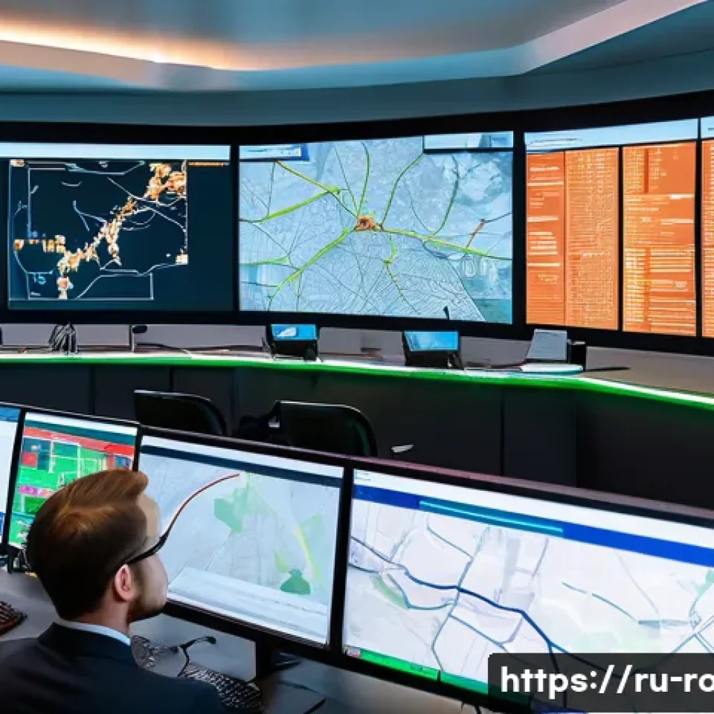 도로교통사 경력직으로의 성공적인 전환 - A professional urban traffic control center interior, showing diverse engineers and traffic speciali...