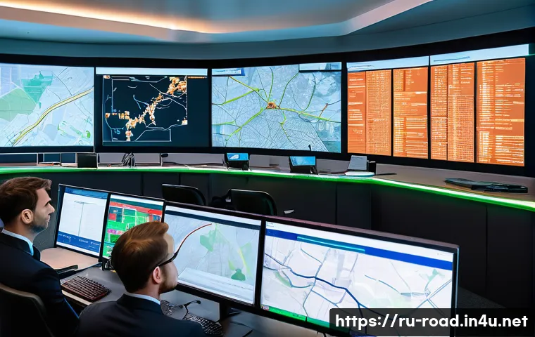 도로교통사 경력직으로의 성공적인 전환 - A professional urban traffic control center interior, showing diverse engineers and traffic speciali...