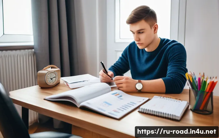 도로교통사 시험 준비 체크리스트 - A detailed study scene of a young Russian adult sitting at a tidy desk in a cozy home office, surrou...