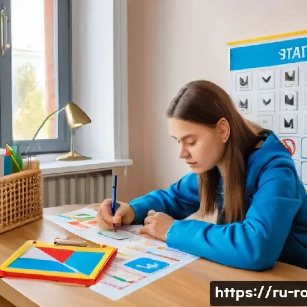 도로교통사 필기시험 암기법 모음 - A detailed educational scene showing a young Russian adult studying traffic rules with colorful visu...
