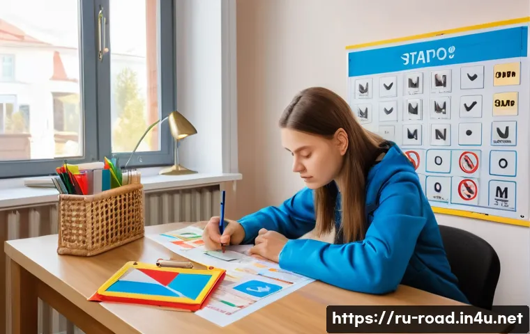 도로교통사 필기시험 암기법 모음 - A detailed educational scene showing a young Russian adult studying traffic rules with colorful visu...