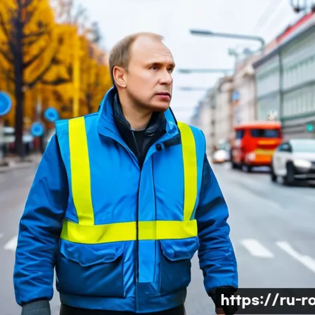 도로교통사 직무에서의 성공 전략 - A professional Russian road inspector in uniform wearing a reflective safety vest and holding a radi...