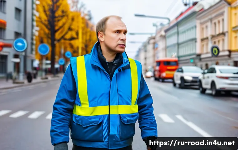 도로교통사 직무에서의 성공 전략 - A professional Russian road inspector in uniform wearing a reflective safety vest and holding a radi...