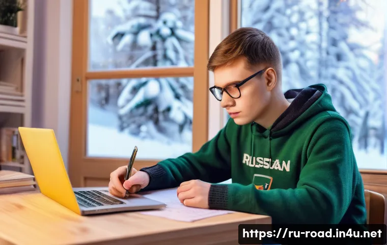 도로교통사 필기시험 대비를 위한 학습 자료 추천 - A cozy study environment featuring a young adult Russian learner sitting at a wooden desk with a lap...