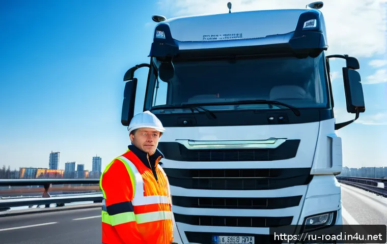 도로교통사 경력직 연봉 변화 추이 - A professional Russian truck driver wearing a uniform and safety vest, standing beside a large moder...