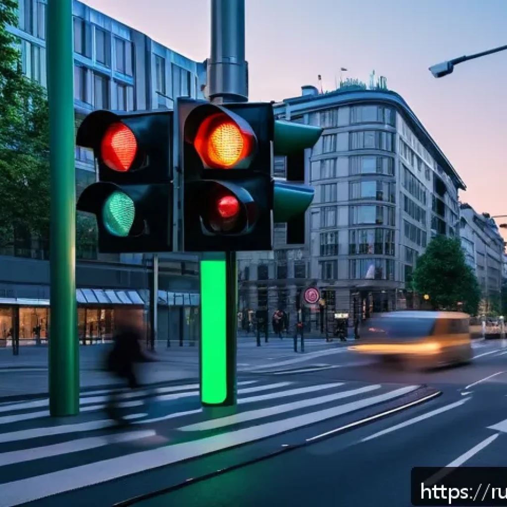 도로교통사와 관련된 해외 사례 - A modern European city intersection at dusk featuring intelligent traffic lights with embedded senso...