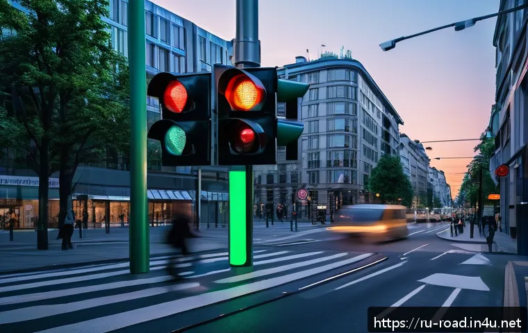도로교통사와 관련된 해외 사례 - A modern European city intersection at dusk featuring intelligent traffic lights with embedded senso...