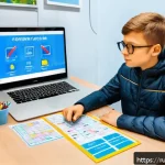 Home 22 도로교통사 필기시험 대비를 위한 암기법 - A detailed educational scene showing a young Russian learner sitting at a desk filled with colorful ...