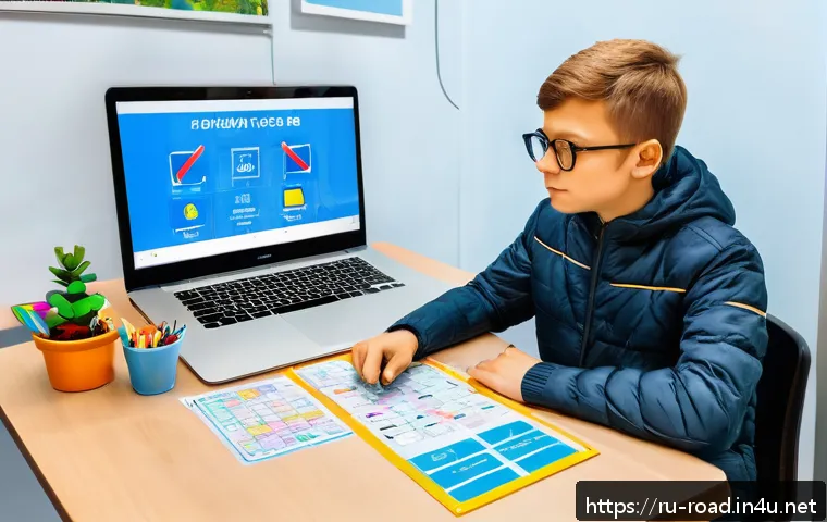 도로교통사 필기시험 대비를 위한 암기법 - A detailed educational scene showing a young Russian learner sitting at a desk filled with colorful ...
