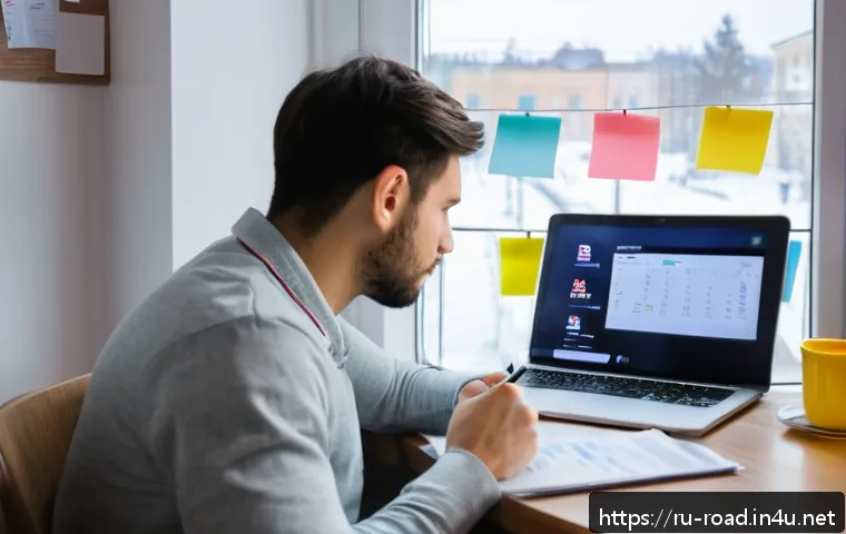 도로교통사 필기시험 고득점을 위한 준비 - A focused young adult studying traffic rules at a desk in a cozy, well-lit room in a Russian apartme...