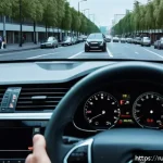 Home 20 도로교통사 실무에서의 문제 해결 능력 - A detailed scene of a Russian urban road during rush hour, showing a focused male driver in his 30s ...