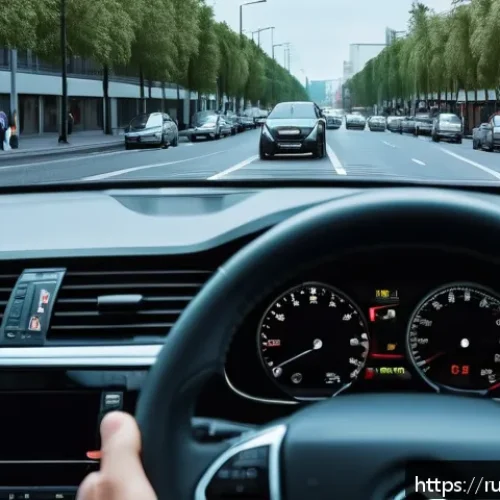 Home 32 도로교통사 실무에서의 문제 해결 능력 - A detailed scene of a Russian urban road during rush hour, showing a focused male driver in his 30s ...