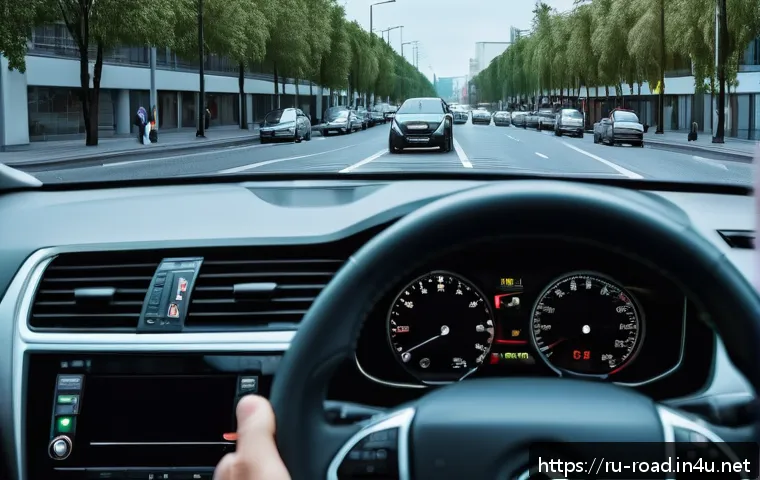 도로교통사 실무에서의 문제 해결 능력 - A detailed scene of a Russian urban road during rush hour, showing a focused male driver in his 30s ...