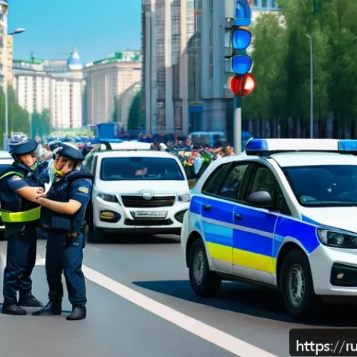 Home 31 도로교통사 실무에서의 팀워크 - A dynamic scene showing a diverse group of Russian police officers coordinating at a busy urban road...
